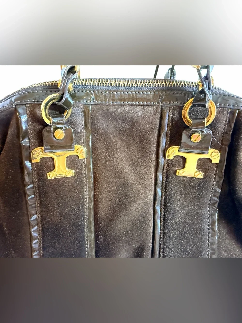Tory Burch Brown Suede Leather Dome Satchel Gold Hardware Top Handle Bag